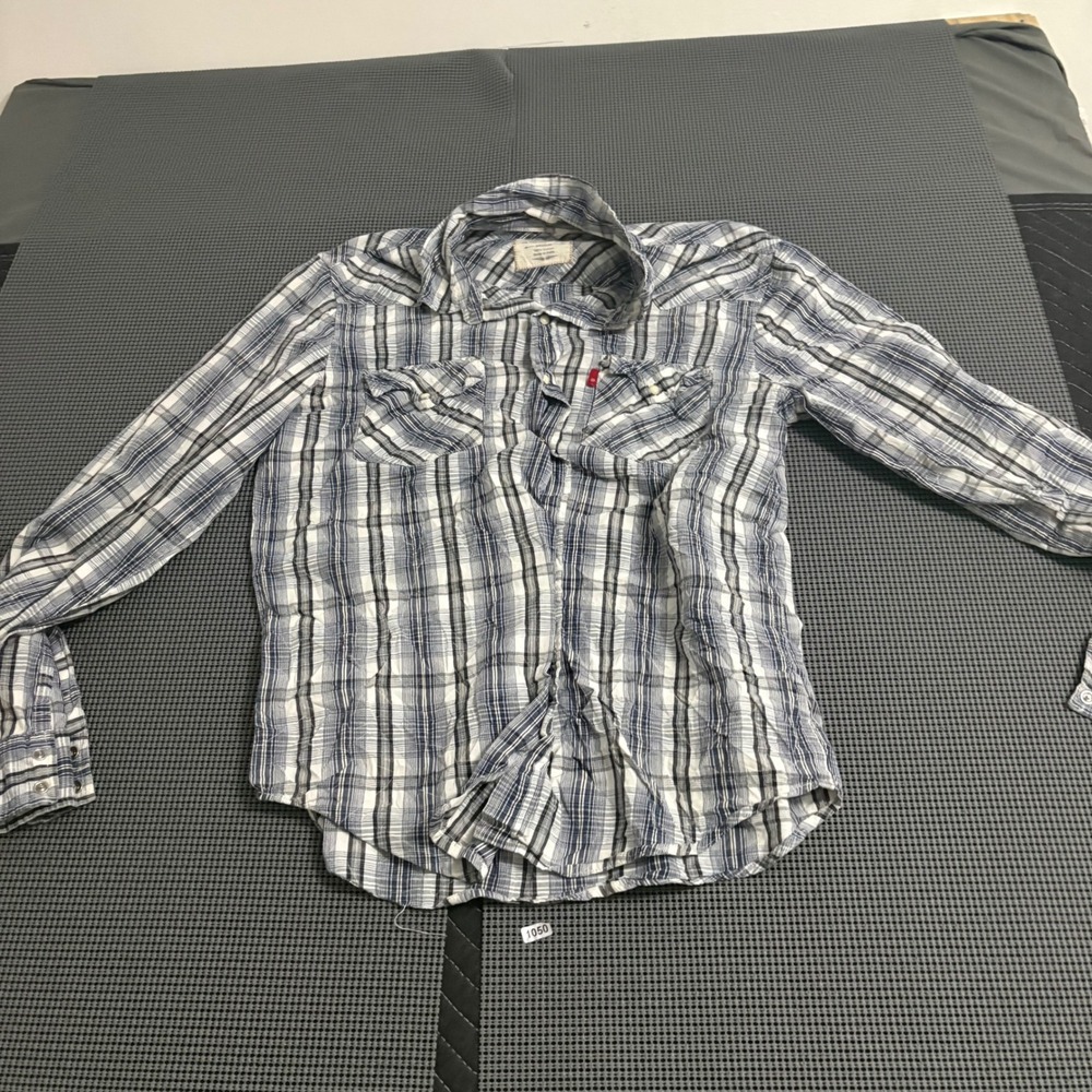Levis Western Pearl Snap Plaid Shirt Mens Medium‎ Blue White Long Sleeve Cotton
